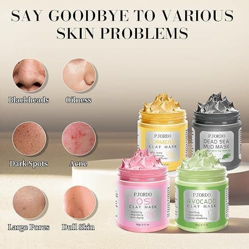 Pjordo 4 Pcs Clay Mask for Face(360g in total), Turmeric Vitamin C, Dead Sea Mud, Green Tea Avocado, Rose, Face Mask Skincare for Pore Cleansing, Facial Clay Mask Set Gifts for Women, 3.17 Oz Each thumbnail 7