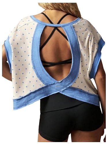 SOLY HUX Women's Polka Dots Open Back Workout Tops Short Sleeve Shirts | Crew Neck, Backless, Athletic Clothes, Yoga Gym Top, Summer Tops - Image 1