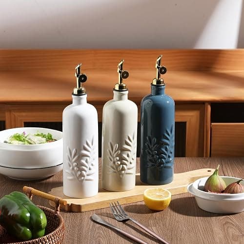 Sweejar 18 Oz Oil Dispenser for Kitchen with Gravity Spout, Ceramic Olive Oil Dispenser Bottle, Relief Opaque Vinegar Container for Evoo, Vinegar, Soy Sauce, Pack of 1(White, Silver Spout) thumbnail 6