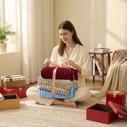 HIMEET Light Blue Ribbed Throw Blanket for Couch - 300GSM Lightweight Soft Fleece Blanket for Women Men, Cozy Blankets for Mothers Gifts, Striped Spring Home Room Decor, Light Blue, 50x60 Inches thumbnail 8