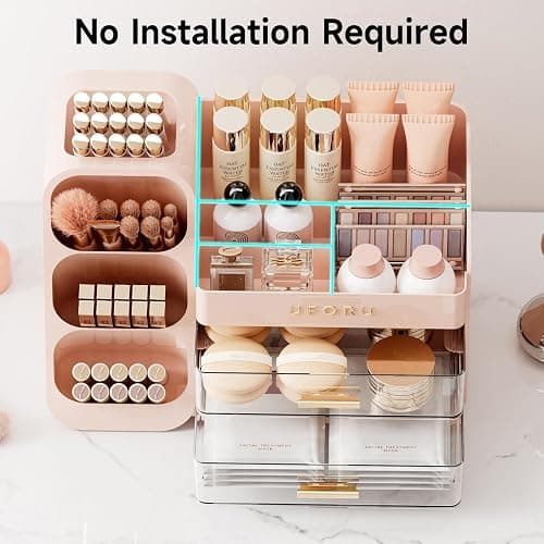 UFORU Makeup Organizer for Vanity with Brush Holder, Countertop Skincare Organizer with 2 Drawers, Spacious Cosmetic Display Case for Perfumes, Eyeshadow Palettes, Nail Polishes thumbnail 4