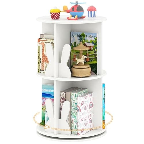 HONEY JOY Kids Rotating Bookshelf, Wooden Spinning Small Corner Organizer w/Baffles, 360°Display Standing Toddler Bookshelf, Narrow Storage Rack, Montessori Book Shelf for Nursery, Playroom (White) - Image 1