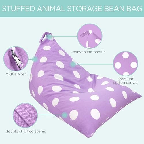 Aubliss Stuffed Animal Storage Bean Bag Chairs Cover, 50"x 35" Extra Large Bean Bags Chair for Kids & Adults, Beanbag Toy Storage for Boys Girls - Premium Cotton Canvas Purple Dot thumbnail 4
