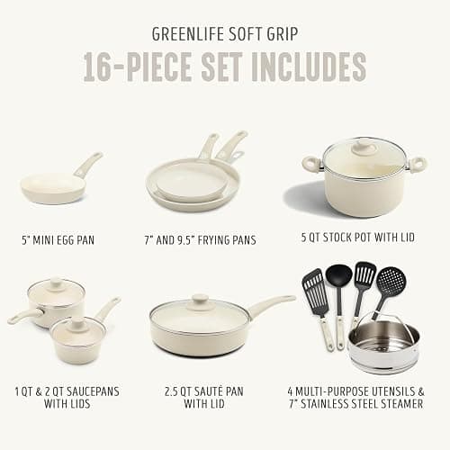 GreenLife Soft Grip 16 Piece Cookware Set, Non-Toxic PFAS-Free Ceramic Nonstick, Frying, Sauce, Saute, Utensils, Glass Lids, Stay-Cool Handles, Wobble Free, Dishwasher & Oven Safe, Cream thumbnail 4