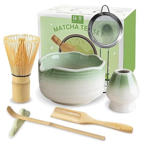 JBER Matcha Set, Matcha Whisk Set 7 Pcs - Bamboo Matcha Whisk, Ceramic Bowl with Spout & Whisk Holder, Sifter, Bamboo Scoop & Holder - Complete Matcha Kit Gift for Matcha Lovers, Gradient Light Green - Image 1