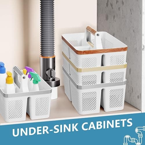BYUNER Plastic Shower Caddy Dorm: Portable Bathroom Caddy Organizer with Handle and Holes, Cleaning Basket, Hard Shower Basket Storage Tote for Toiletry, College Dorm Room Essentials White/Silver thumbnail 6