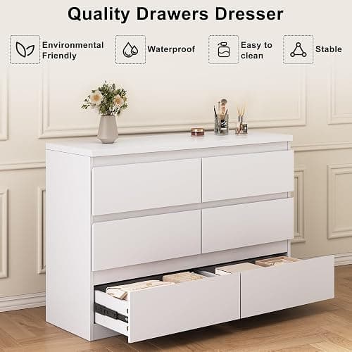 Jocoevol White 6 Drawer Dresser for Bedroom, 15.3" D x 47.2" W x 32.3" H in Simply Modern Chest of Drawers, Wood Storage Double Dresser with Deep Drawers for Living Room, Hallway Entryway, White thumbnail 4