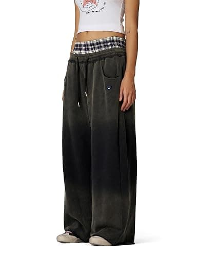 Aelfric Eden Double Waist Washed Baggy Sweatpants Loose Wide Leg Plaid Patchwork Casual Pants with Pockets thumbnail 3