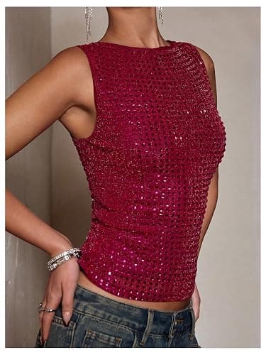 OYOANGLE Women's Sparkly Rhinestone Shirt Sleeveless Crew Neck Tanks Rave Top Concert Outfits thumbnail 2