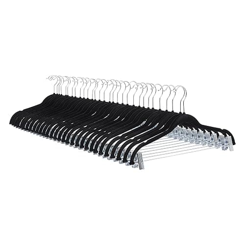 Amazon Basics Velvet Non-Slip Skirt Clothes Hangers with Clips, 360 Degree Rotatable Hook, Organize Pants and Skirts, Black/Silver, 24-Pack - Image 1