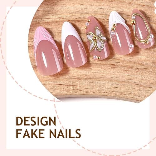 Spring Press On Nails French Fake Nails Medium Almond False Nails With Flower Pearl Designs Acrylic Nail Press Ons Full Cover Glue On Nails Glossy Stick On Nails For Women Manicure 24Pcs thumbnail 3