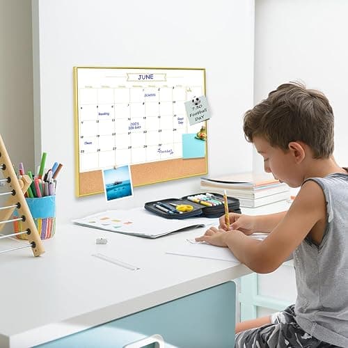 Whiteboard Calendar & Corkboard, 17" x 13" Dry Erase White Board & Bulletin Board, Gold Aluminum Frame Calendar/Cork Combo Board(ZHYL-Gold-3343-B+1) thumbnail 2