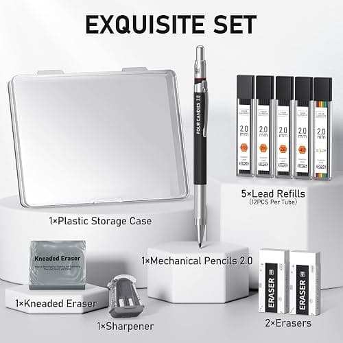 Four Candies 2MM Mechanical Pencil Set with case, Artist Led Pencil Metal Lead Holder with 60PCS Graphite Lead Refill (HB, 2H, 2B, 4B, Color) Kneaded Eraser, Sharpener for Writing, Drawing, Sketching thumbnail 6