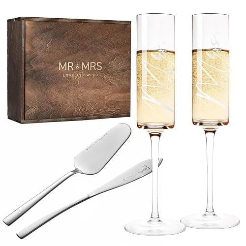 AW BRIDAL Champagne Flutes Set of 2, MR MRS Engraved, Crystal, 6 oz, Cake Cutting Set, Wedding Gift Box, Housewarming Gifts, Engagement Gifts for Couple - Image 1