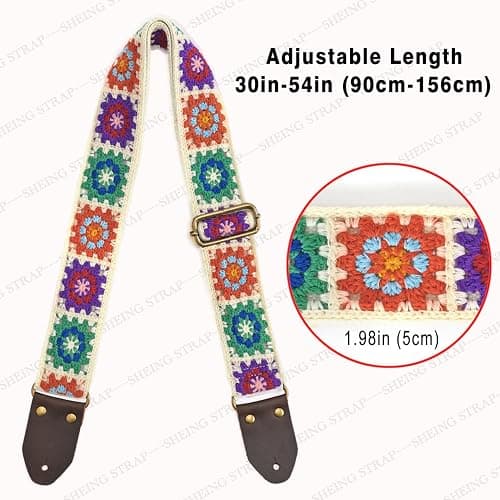 Guitar Strap, Crochet Flower Guitar Straps with Leather Ends for Acoustic, Bass, Electric Guitar,2 inch Wide -Crochet flower-white thumbnail 4