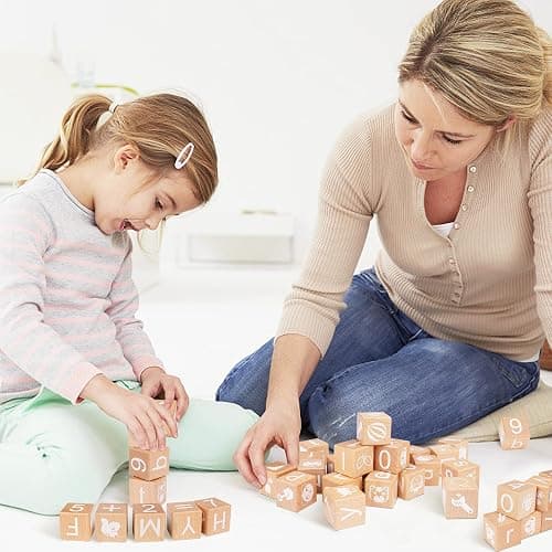 AXEARTE Alphabet Letters Stacking Blocks, 26 Wooden ABC Building Blocks for Toddlers, Number, Animals Icons on Every Side, Preschool Learning Educational Toys Montessori Sensory Toys for Kids thumbnail 7