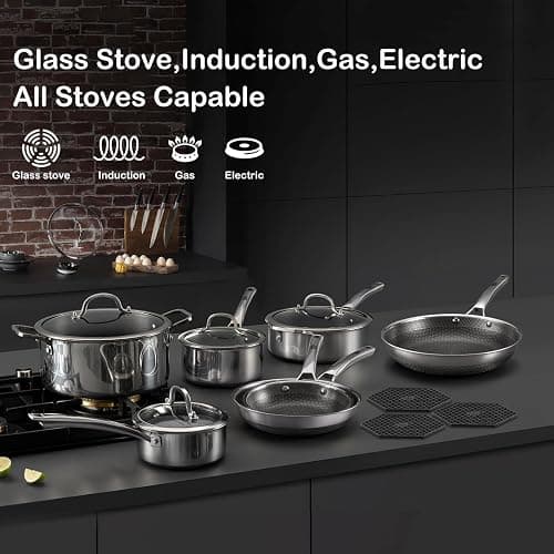SNOWCLAD Pots and Pans Set Non Stick, 14 Pcs Hybrid Stainless Steel Cookware Sets, Non Stick Frying Pans, Saucepans, Saute Pan & Stock Pot, PFOA Free Kitchen Skillet,Induction Compatible thumbnail 5