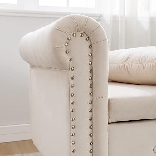 58.26 in Corner Lounge Sofa with Storage Upholstered Velvet Fabric Chaise Lounge Chair Indoor with Pillow & Nailhead Trim, Modern Sleeper Sofa Bed for Bedroom, Living Room & Apartment (Beige) thumbnail 4