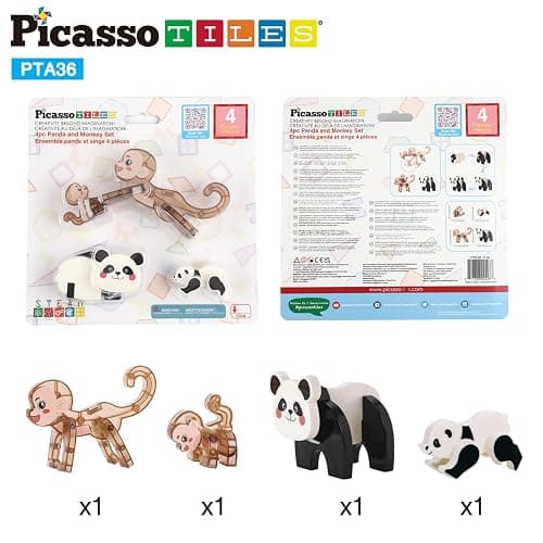 PicassoTiles Magnetic Build a Panda & Monkey Set Magnet Tile Blocks Add-on Expansion Pack, with Panda, Cub, Monkey & Baby Monkey Preschool Learning Educational Toddler Sensory Pretend Play Toy Ages 3+ thumbnail 5