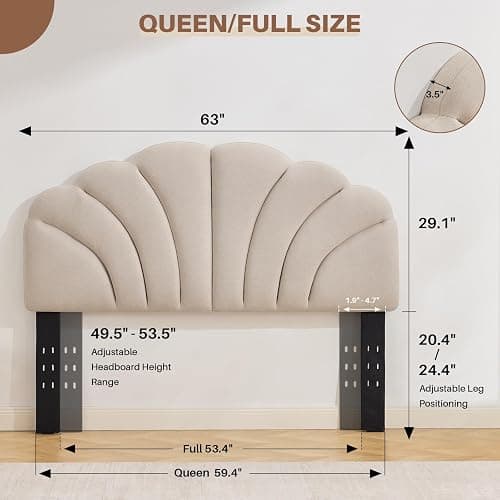 FriFurne Queen Size Headboard Only, Upgraded One-Piece Upholstered Headboard Adjustable Height&Width Full Bed Headboards Modern Soft Linen Petal Curved Padded Head Board, Light Brown thumbnail 2