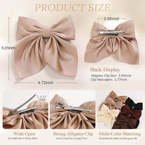 6Pcs Hair Bows for Women, Bow Hair Clips, Silky Satin Hair Bows for Girls, Neutral Colors Hair Ribbon, Cute Bow Clips for Women, Hair Accessories Chirstmas Gifts thumbnail 3
