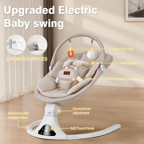 Baby Swing, Electric Infant Swing with Remote Control, 5 Speed Adjustable, Machine Washable Cushion, 5 Point Safety Harness, Bluetooth Music, Portable Baby Swing (Beige) thumbnail 2