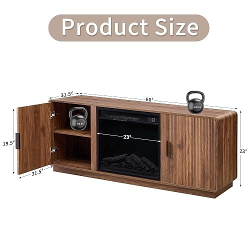 BERRYMERRY 60inch Fireplace TV Stand with 23" Electric Fireplace Heater,Mid Century Modern Fluted Entertainment Center for TVs Up to 75" for Living Room, Bedroom (Brown with Fireplace) thumbnail 2