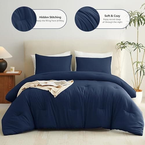 CozyLux Navy Blue King Size Comforter Set, 3 Pieces Solid Breathable Quilted Style Bedding Sets, Luxury Fluffy Soft Bed Set with Down Alternative Comforter for All Season (1 Comforter & 2 Pillowcases) thumbnail 3