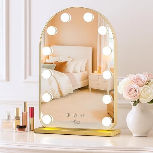 LUXFURNI Vanity Mirror with Lights, 20.5" L x 13" W Arched LED Makeup Mirror, Lighted Makeup Mirror with Lights, Smart Touch Control Dimmable 3 Modes Light, Gold - Image 1