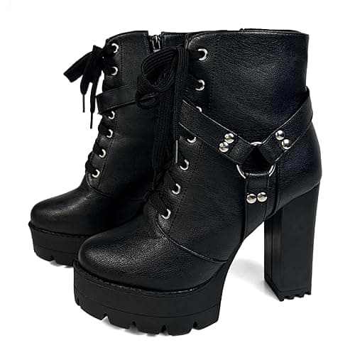 MEOTINA High Heel Boots for Women Black Heeled Chunky Heel Boot Platform Goth Shoes Lace Up Ankle Booties with Zipper - Image 1