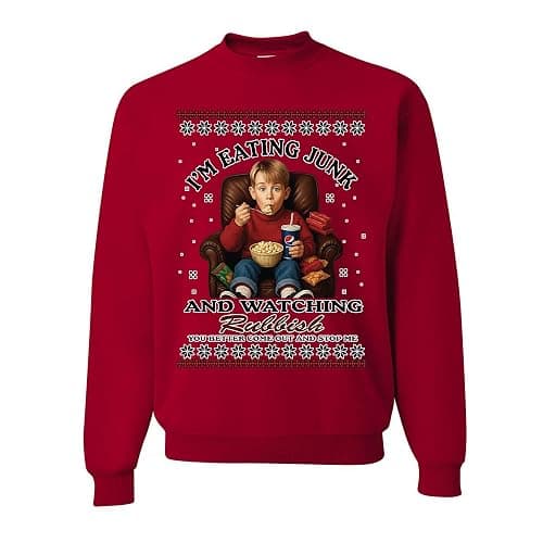 wild custom apparel Home Alone Im Eating Junk Watching Rubbish Funny Ugly Christmas Sweater Sweatshirt - Image 1