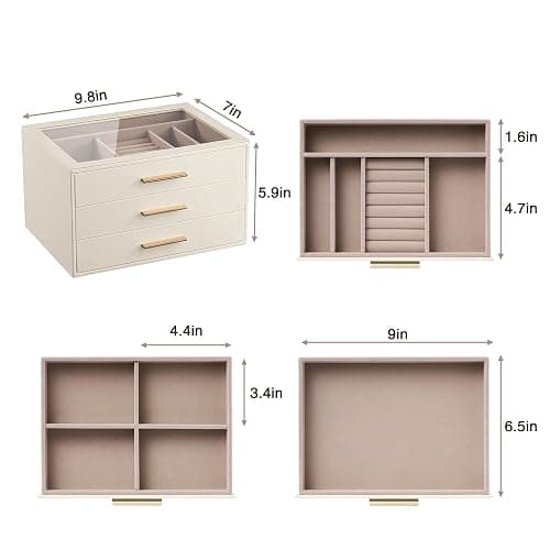 pickpiff Jewelry Box Organizer Case for Women: 3-Layer Jewelry Storage Case with Glass Window, Ivory Leather with Pink Velvet, Holder for Ring Necklace Bracelet Brooch Watch, Great Gift for Her thumbnail 3