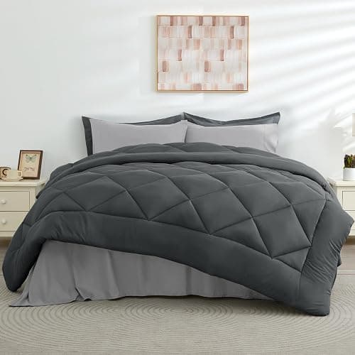HEVUMYI Queen Comforter Set - 7-Piece All Season Bed in a Bag Queen, Ultra Soft Bedding Set with Comforter, Flat Sheet, Fitted Sheet, Pillowcases, Pillow Shams, Dark Grey & Light Grey thumbnail 7