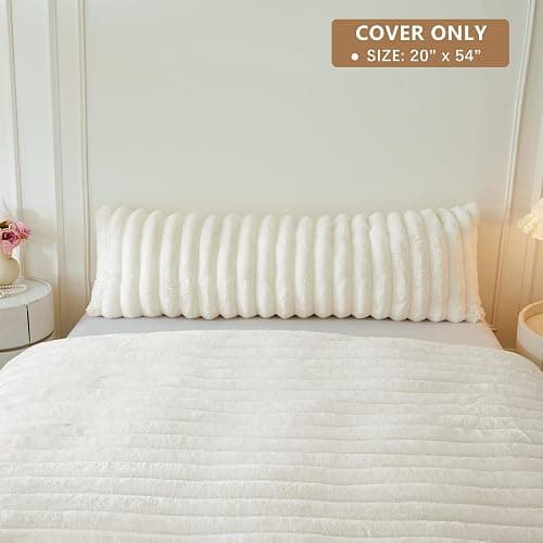 MEGO Fluffy Faux Rabbit Fur Body Pillow Cover, Cozy Plush Fuzzy Wide Striped 20x54 Ivory Body Pillowcase, Decorative Shaggy Furry Zippered Bedroom Long Pillow Cover for Pregnancy Side Sleeper, Beige thumbnail 2
