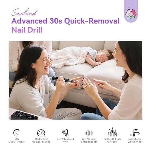 SAVILAND Professional Nail Drill 40000 RPM for Quick Gel Removal Salon Home | 4000 mAh Battery, Adjustable Speed, 10hrs Runtime, Low Vibration, Fast Heat Dissipation, Ceramic Metal Bits, At Home Manicure thumbnail 3