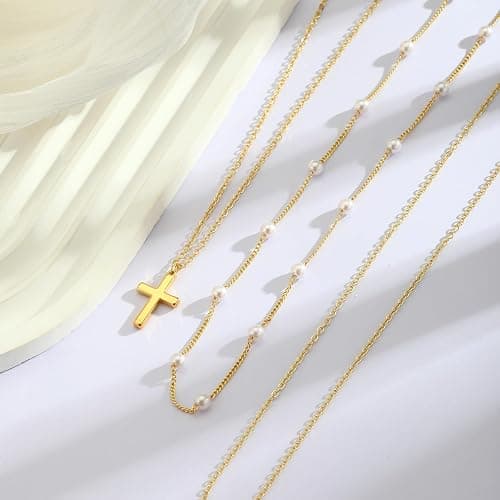 Reuscol Gold Cross Necklace for Women, Dainty 14K Gold Plated Cross Pendant Necklace Non Tarnish Gold Layered Necklace Stack Christian Baptism Religious Faith Jewelry Christmas Gifts for Women thumbnail 7