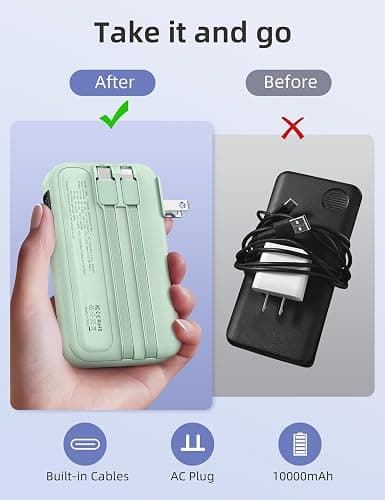 RORRY Portable Charger Built in Cables, AC Wall Plug In Portable Charger Power Bank 10000mAh Travel Battery Pack 22.5W Fast Charging for iPhone 17/16/15 Samsung Galaxy S24/S23/S22 Pixel LG iPad, Green thumbnail 2