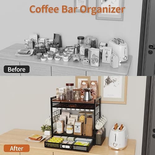 Coffee Bar Organizer Station with CoffeePod Drawer Mug Cup Holder and Tea Condiment Storage for Countertop Organizer CoffeeBar Accessories for Kitchen,Home,Office thumbnail 3
