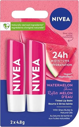 NIVEA Watermelon Shine Lip Balm, Tinted lip balm with shea butter & natural oils for 24hr moisture, Watermelon scent, Lip moisturizer for dry lips, (2 x 4.8g) - Image 1