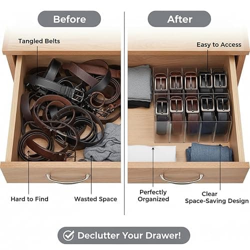 Hualinsyi Belt Organizer,Acrylic Belt Organizer for Closet with Removable Dividers 5 Compartments & Handles Drawer organization and storage for Purse,underwear, Socks,and Ties (2pack) thumbnail 6