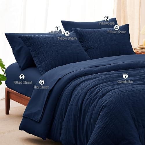 CozyLux King Size Comforter Set Navy Blue Seersucker 7 Pieces Bed in a Bag King Comforter Set with Sheets, Luxury Bedding Set with Down Alternative Comforter, Sheets, Pillowcases & Shams All Seasons thumbnail 6