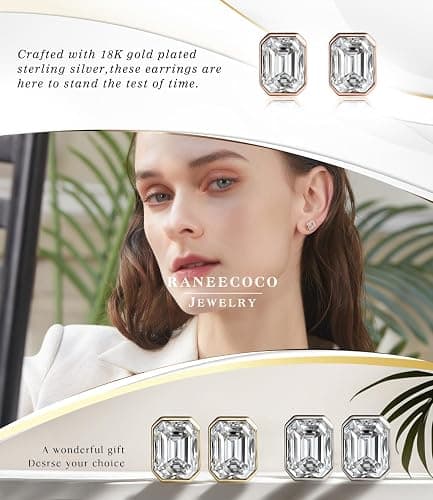 Raneecoco 4.0ct Total Emerald Cut Cubic Zirconia CZ Earrings Stud / 18K Gold Plated Sterling Silver thumbnail 8