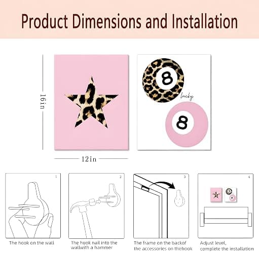 Cshylven Trendy Pink Leopard Wall Art Set of 3 Funky Retro Cheetah Canvas Wall Decor Lucky 8 Ball Poster Prints Preppy Aesthetic Pictures Artwork for Girls Room Dorm Apartment 12x16 Framed thumbnail 3