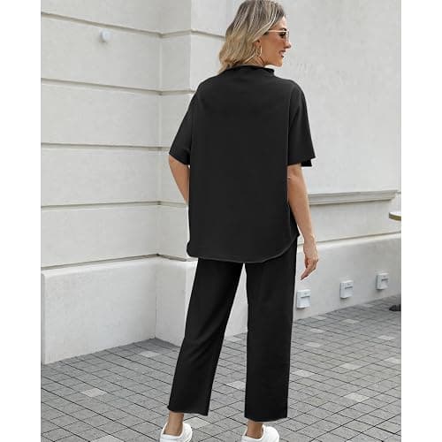 SeeLuNa Women's Two Piece Outfits 3/4 Batwing Sleeve Capelet Crew Neck Pullover Top Wide Leg Pants Lounge Set thumbnail 2