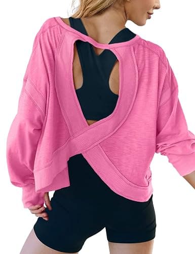 UNIANKIYA Open Back Workout Tops for Women Long Sleeve Cropped Athletic Clothes Gym Running Yoga Low Impact Sports T Shirts thumbnail 3