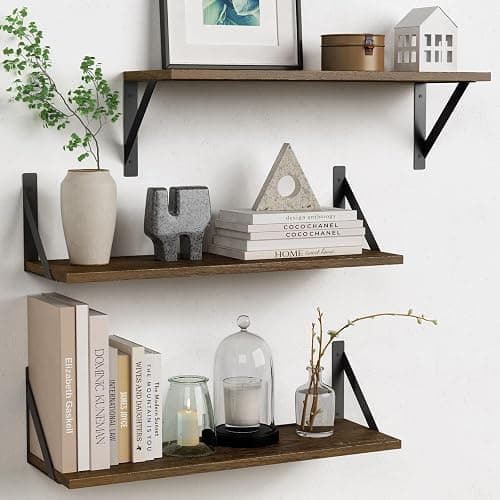 Forbena 24 Inch Long Floating Shelves for Wall Set of 3, Wooden Wall Bookshelf for Bedroom, Large Rustic Wood Hanging Book Shelves for Living Room Plants Kitchen Office Closet Storage (Dark Brown) - Image 1