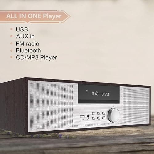 LONPOO Bluetooth Stereo System for Home, 40W CD Player with Speaker | DSP Enhanced Audio, Real Wood Enclosure,12mm Thick MDF, Aluminum Panel, 3" Woofer, Preset 20 Programmable FM Stations,Silver thumbnail 2