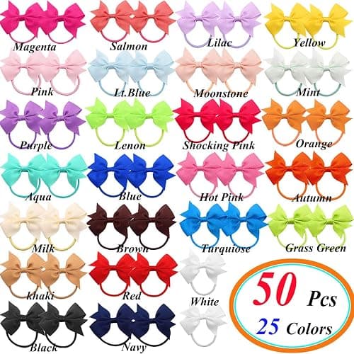 CÉLLOT Baby Hair Ties with Bows,50pcs 2inch Baby Hair Bows Durable Rubber Bands Ponytail Holders Toddler Essential Hair Accessories for Infants Baby Girls in Pairs thumbnail 2