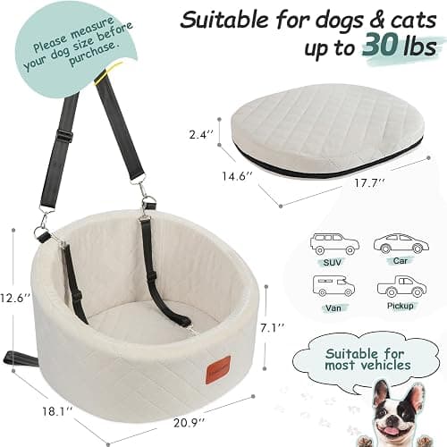 Lealchum Dog Car Seat for Small Dogs,Comfy Pet Travel Car Bed with 2 Clip-On Leashes,Fully Removable & Washable,Non-Slip Base with Seatbelt Channle,Easy to Install (Beige, Small) - Beige - Small thumbnail 2