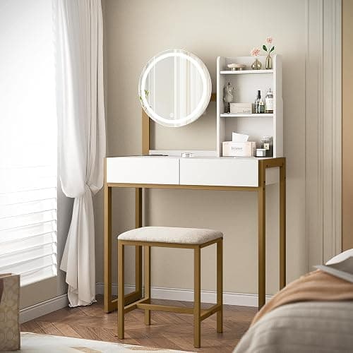 Small Vanity Desk with Mirror and Lights, Makeup Vanity Table with LED Mirror, 3 Lighting Modes, Power Outlet, Drawer, Open Shelves and Cushioned Stool for Bedroom (Gold) thumbnail 7
